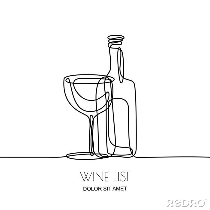 Sticker Continu lijntekening. Vector lineaire zwarte illustratie van wijnfles en glas dat op witte achtergrond wordt geïsoleerd. Concept en ontwerpelementen voor wijnkaart, menu, label.