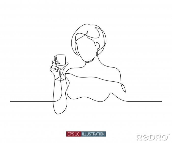 Sticker Continuous line drawing of pretty girl with wine glass. Template for your design works. Vector illustration.