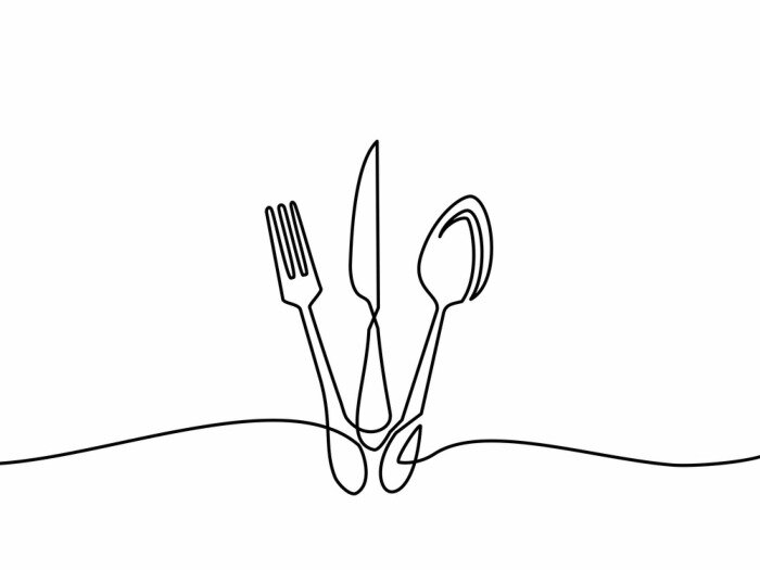 Sticker Continuous one line drawing.Forks, spoons, knife plates and all eating and cooking utensils, can be used for restaurant logos, cakes, business cards, banners and others. Black and white vector illustr