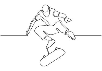 Sticker Continuous one line drawing of skateboard player. Sport vector illustration theme. Person playing game for exercise and hobby isolated on white background.