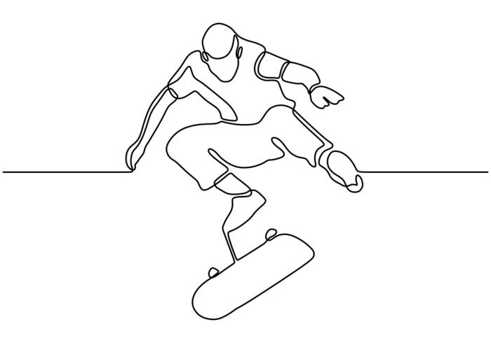 Sticker Continuous one line drawing of skateboard player. Sport vector illustration theme. Person playing game for exercise and hobby isolated on white background.