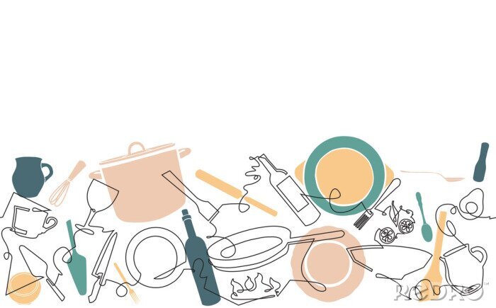 Sticker Cooking. Background with Utensils and Food. Seamless Culinary Horizontal Pattern.