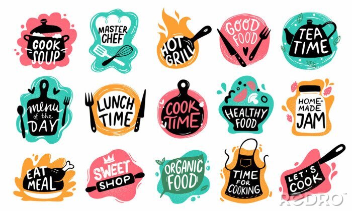 Sticker Cooking food lettering. Kitchen badge logos, baking foods typography and cook labels vector set