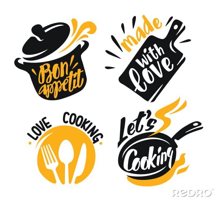 Sticker cooking lettering elements icons on white
