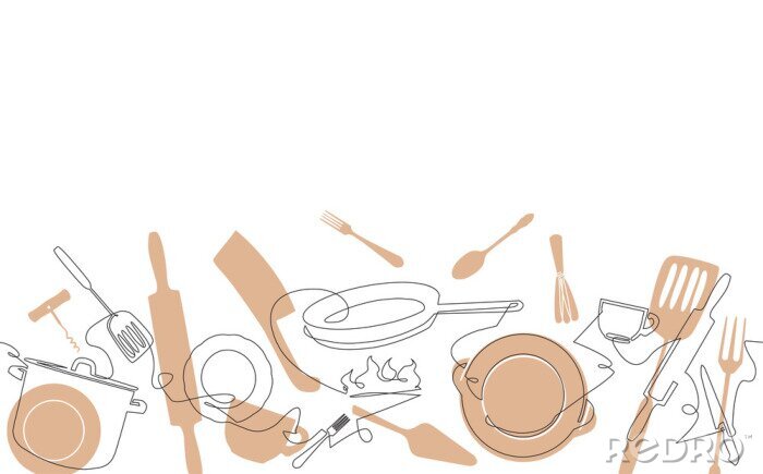Sticker Cooking Pattern. Background for your design works. One Line Drawing of Isolated Kitchen Utensils. Cooking Poster. Vector illustration.