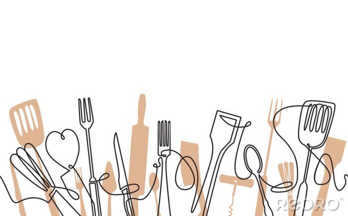 Sticker Cooking Seamless Pattern. Outline Cutlery Background. One Line Drawing of Isolated Kitchen Utensils. Cooking Design Poster. Vector illustration.
