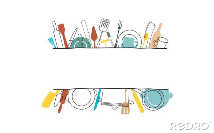 Sticker Cooking Template Frame with Hand Drawn Utensils and Plase for your Text. Background with Cutlery for Design Works. Vector  illustration.