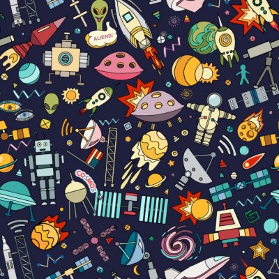 Cosmos vector background. Cartoon seamless background. Seamless pattern with cartoon space rockets, cosmonaut, planets, stars.
