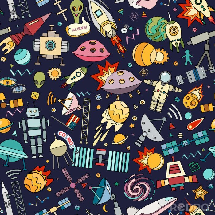 Sticker Cosmos vector background. Cartoon seamless background. Seamless pattern with cartoon space rockets, cosmonaut, planets, stars.