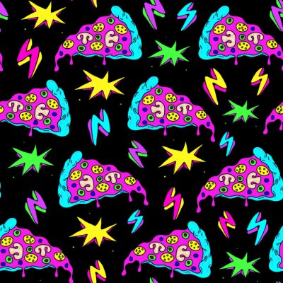 Sticker Crazy space alien pizza attack seamless pattern with pizza slices, lightning strikes, and colorful explosions. Black background.