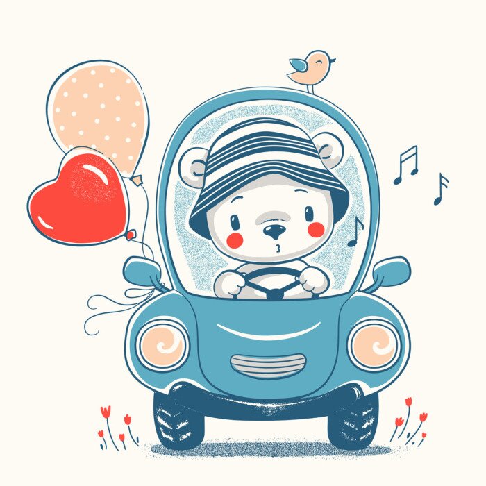 Sticker Cute baby bear driving car cartoon hand drawn vector illustration. Can be used for baby t-shirt print, fashion print design, kids wear, baby shower celebration greeting and invitation card.