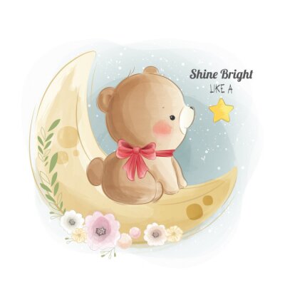 Sticker Cute Baby Bear On the Moon