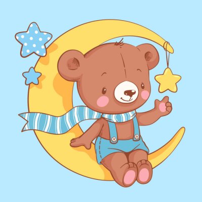 Sticker Cute baby bear sitting on the moon cartoon hand drawn vector illustration. Can be used for baby t-shirt print, fashion print design, kids wear, baby shower celebration greeting and invitation card.