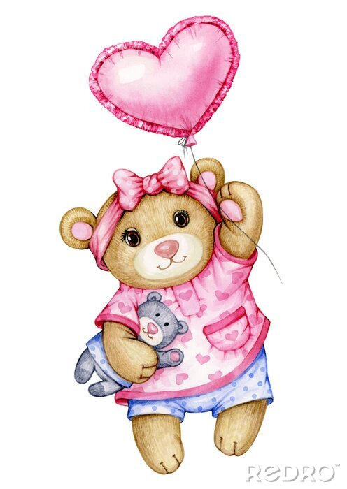 Sticker  Cute  baby  Teddy bear cartoon with balloon, isolated on white.