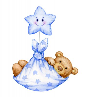 Sticker  Cute  baby  Teddy bear cartoon  with star, isolated on white.