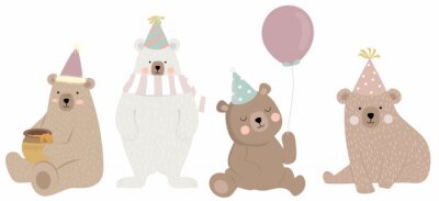 Sticker Cute bear character with friend. Vector illustration for birthday invitation,postcard and sticker