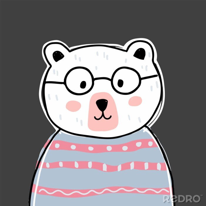 Sticker Cute bear character with glasses. Vector illustration for birthday invitation,postcard and sticker