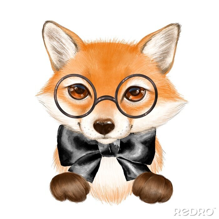 Sticker Cute cartoon fox wearing glasses isolated on white background
