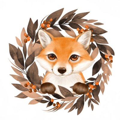 Sticker Cute cartoon fox with autumn wreath isolated on white