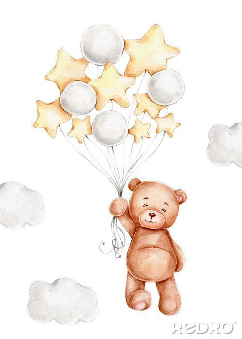 Sticker Cute cartoon teddy bear with balloons; watercolor hand drawn illustration; can be used for kid posters or baby shower; with white isolated background