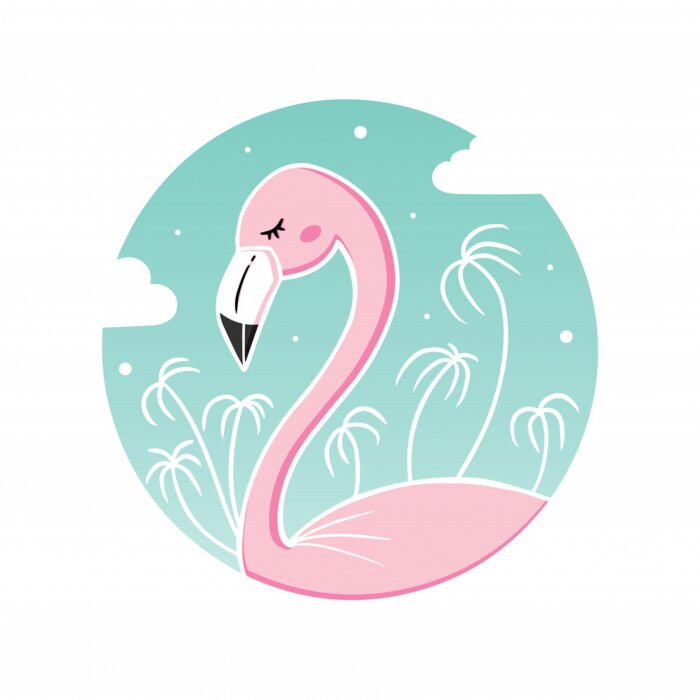Sticker Cute cartoon vector illustration of pink tropical flamingo on turquoise background with palm trees and clouds.