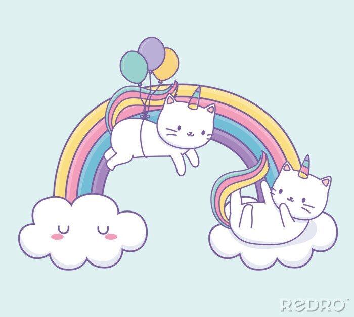 Sticker cute cat with rainbow tail and balloons helium kawaii character