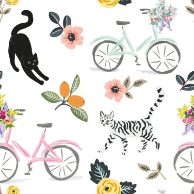 Cute cats, bikes and floral elements, white background. Vector seamless pattern. Pets and flowers. Nature print. Digital illustration with animals 