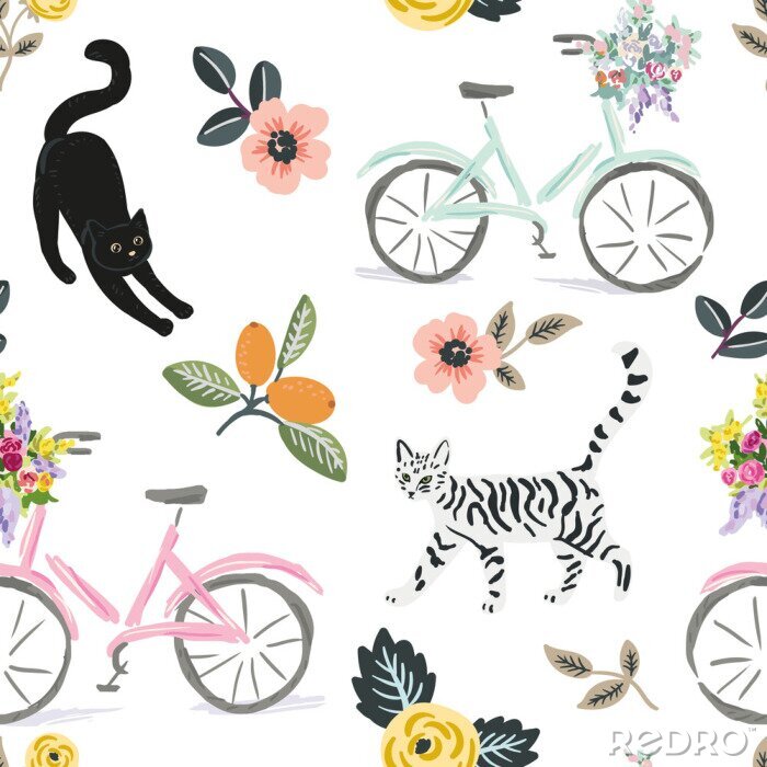 Sticker Cute cats, bikes and floral elements, white background. Vector seamless pattern. Pets and flowers. Nature print. Digital illustration with animals 