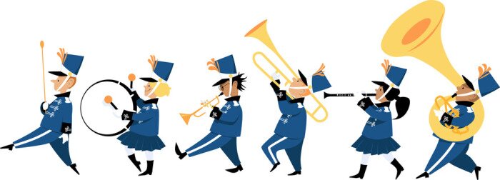 Sticker Cute children playing instruments in a marching band parade, EPS 8 vector illustration