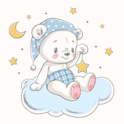 Sticker Cute dreaming baby bear cartoon hand drawn vector illustration. Can be used for baby t-shirt print, fashion print design, kids wear, baby shower celebration greeting and invitation card.