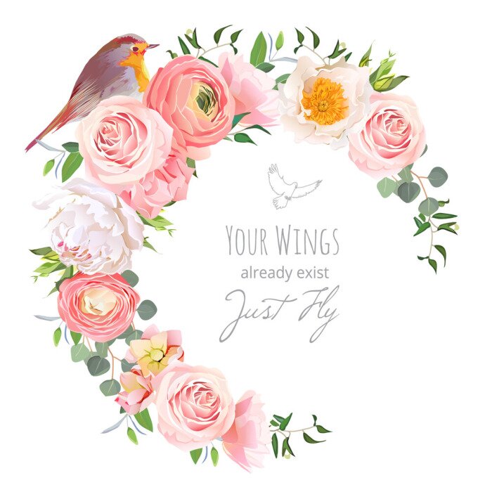 Sticker Cute floral vector round frame with ranunculus, peony, rose, green plants and small bird on white. Peachy, white and yellow flowers. Crescent shape bouquet