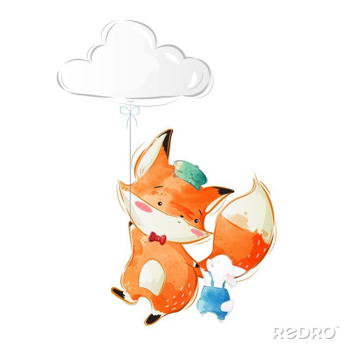 Sticker Cute Fox and Bunny Flying to the Sky