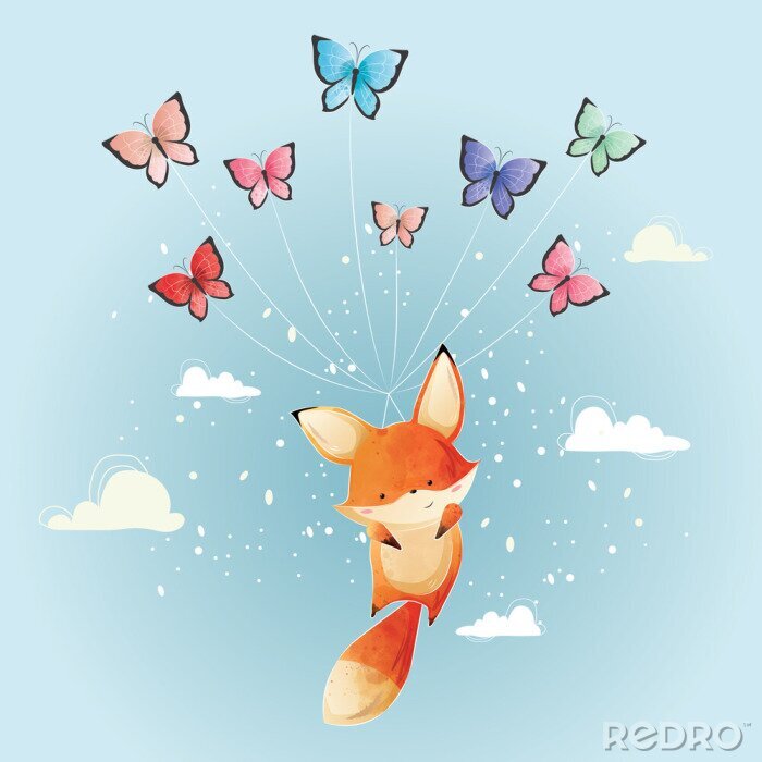 Sticker Cute Fox Flying with Butterflies