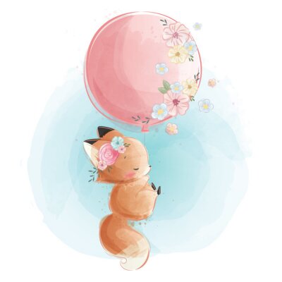 Sticker Cute Fox Flying with Flowery Balloon