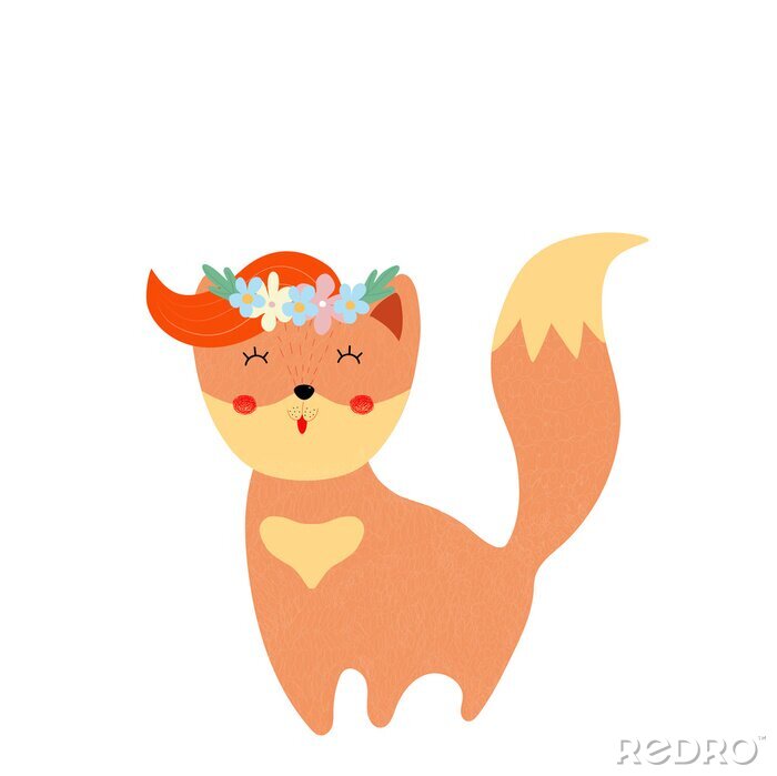 Sticker Cute fox in floral wreath baby girl shower card