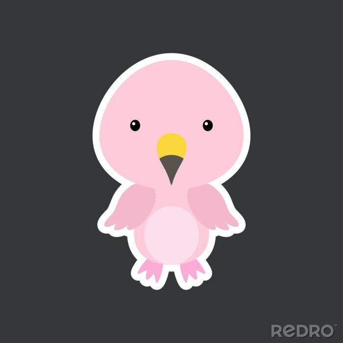 Sticker Cute funny baby flamingo sticker. Tropical adorable bird character for design of album, scrapbook, card, poster, invitation. Flat cartoon colorful vector stock illustration.
