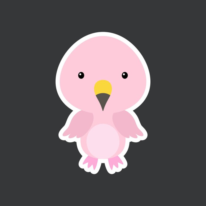 Sticker Cute funny baby flamingo sticker. Tropical adorable bird character for design of album, scrapbook, card, poster, invitation. Flat cartoon colorful vector stock illustration.