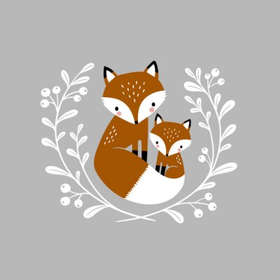 Sticker Cute hand drawn vector foxes in wreath. Perfect for tee shirt logo, greeting card, poster, invitation or print design. 