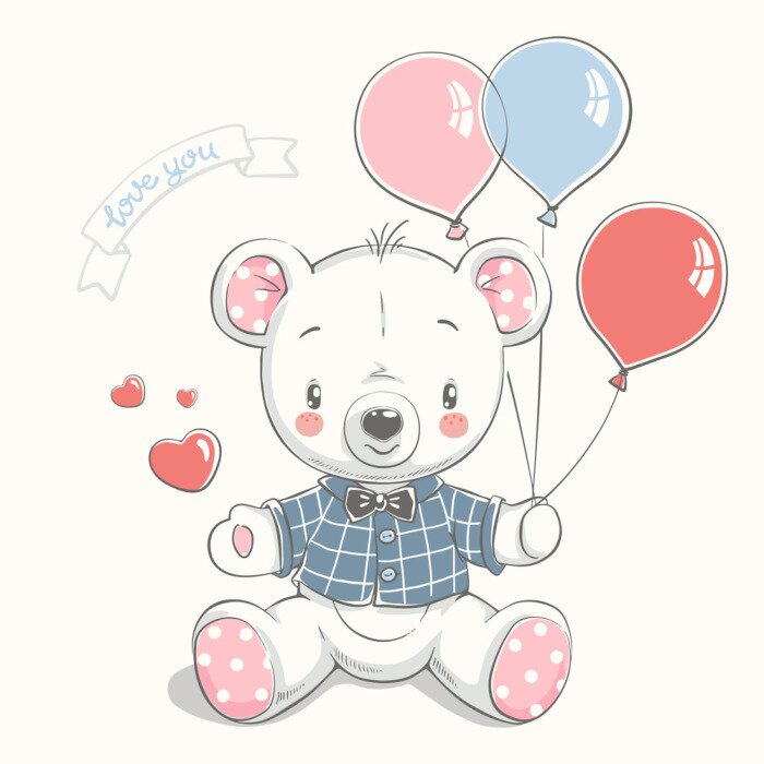 Sticker Cute little bear with balloons cartoon hand drawn vector illustration. Can be used for baby t-shirt print, fashion print design, kids wear, baby shower celebration, greeting and invitation card.