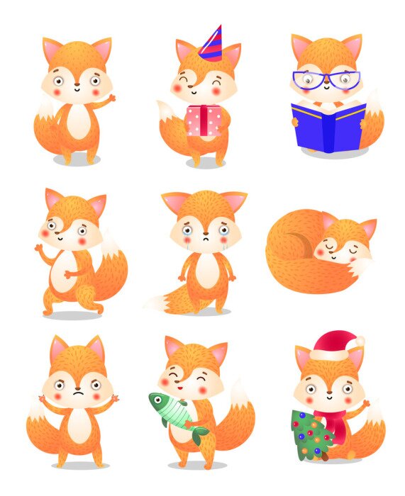 Sticker Cute little fox in action set. Raster illustration in flat cartoon style