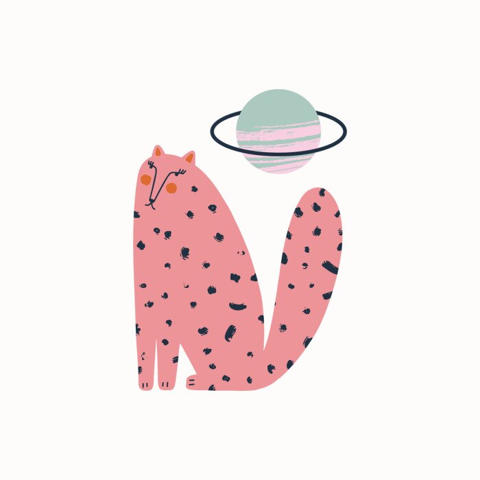 Sticker Cute pink cat and Saturn illustration in vector. Cartoon doodle style. Space animal concept.