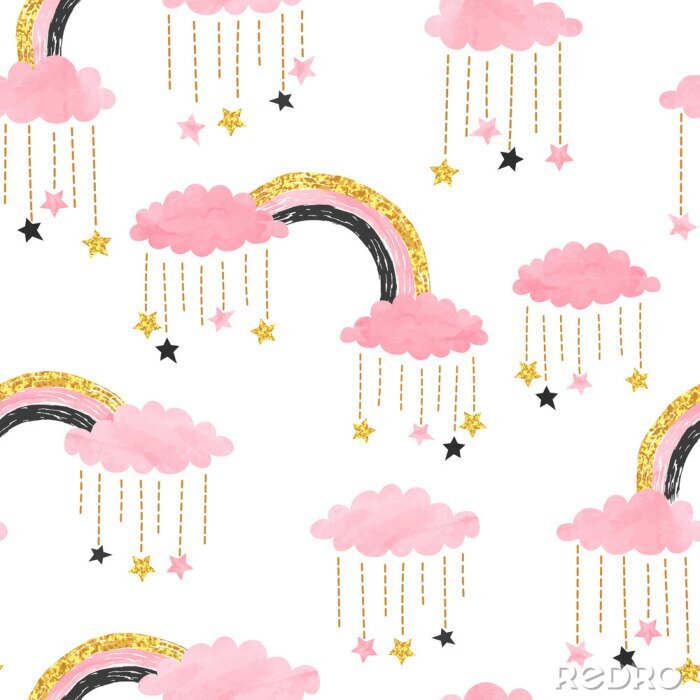 Sticker Cute pink seamless pattern with rainbows, clouds and stars. Vector watercolor illustration for kids.