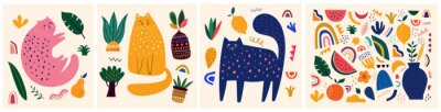 Sticker Cute spring pattern collection with cat. Decorative abstract horizontal banner with colorful doodles. Hand-drawn modern illustrations with cats, flowers, abstract elements