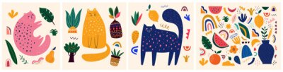 Sticker Cute spring pattern collection with cat. Decorative abstract horizontal banner with colorful doodles. Hand-drawn modern illustrations with cats, flowers, abstract elements