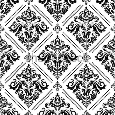 Sticker Damast vector klassiek zwart-wit patroon. Naadloze abstracte achtergrond met herhalende elementen