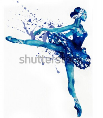 Sticker Dansende ballerina in blauw. Waterverfillustratie