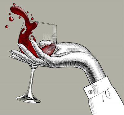 Sticker De hand die van de vrouw een glas met rode bespatte wijn houdt