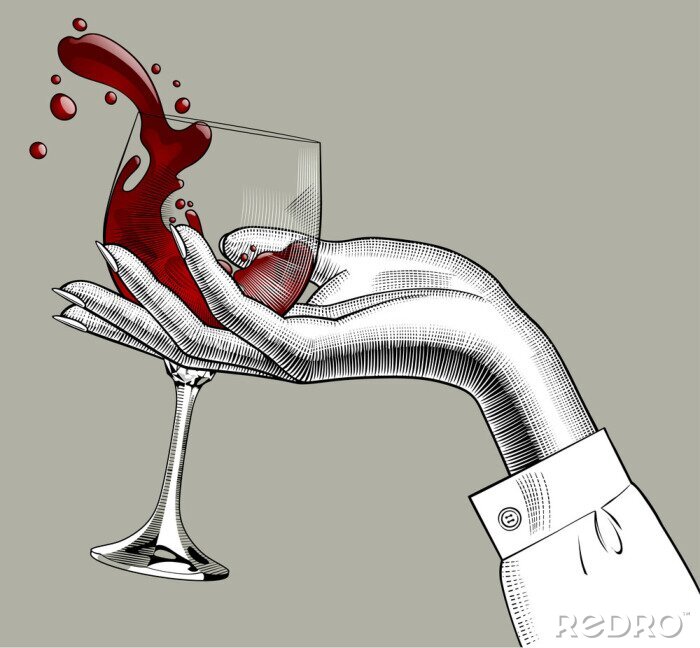 Sticker De hand die van de vrouw een glas met rode bespatte wijn houdt