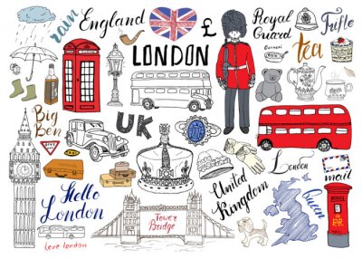 De inzameling van de stadskrabbels van de stad van Londen. Hand getrokken set met torenbrug, kroon, de big ben, koninklijke garde, rode bus en cabine, de Britse kaart en vlag, theepot, belettering, ve
