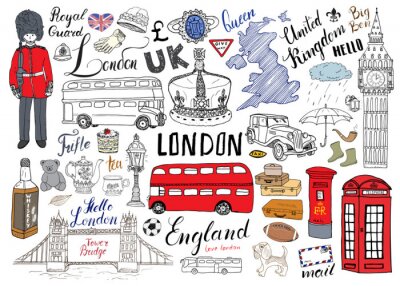 De inzameling van de stadskrabbels van de stad van Londen. Hand getrokken set met torenbrug, kroon, de big ben, koninklijke garde, rode bus en cabine, de Britse kaart en vlag, theepot, belettering, ve